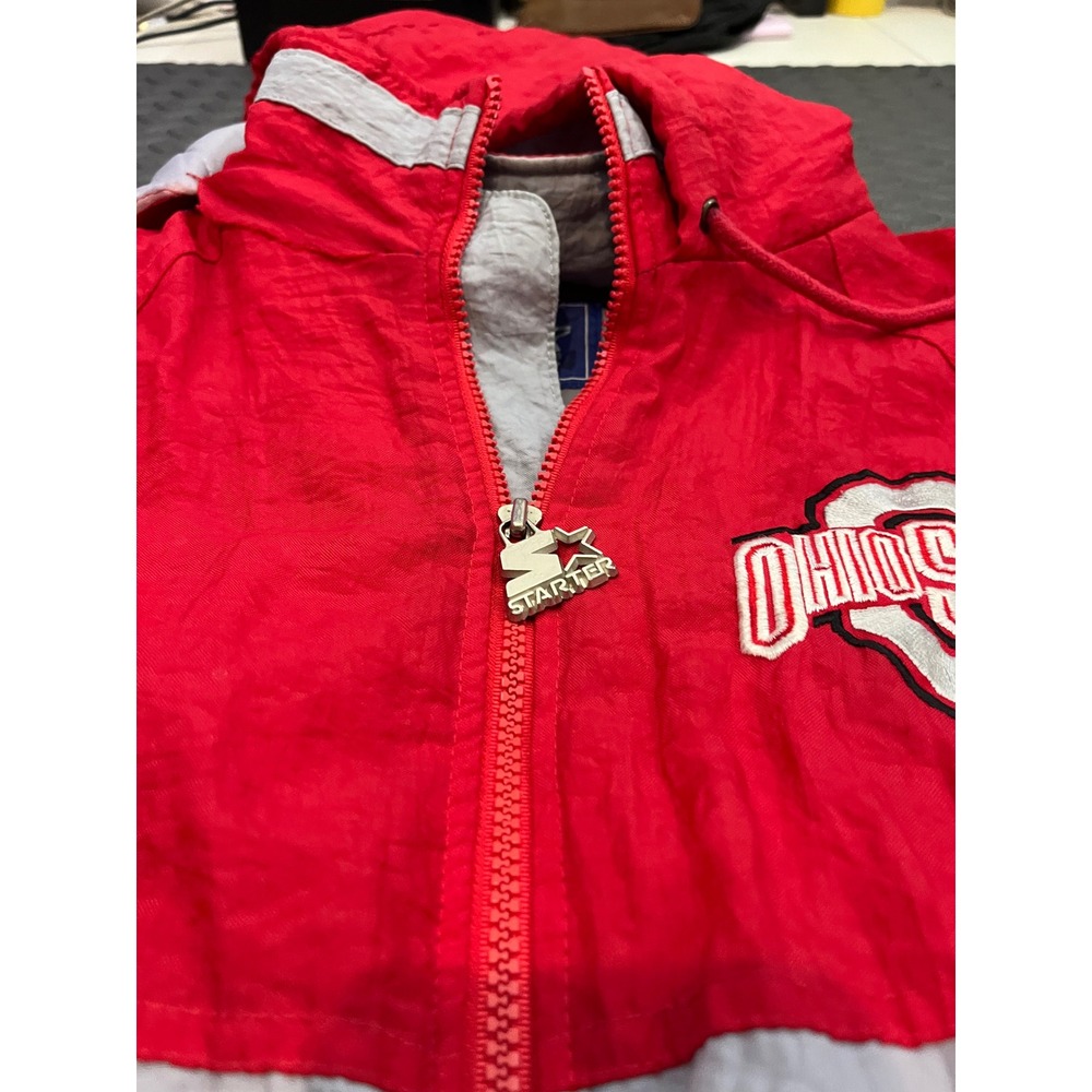 Starter Ohio State Jacket Mens L Red Vintage 90s Hooded Full Zip Windbreaker - Picture 2 of 14